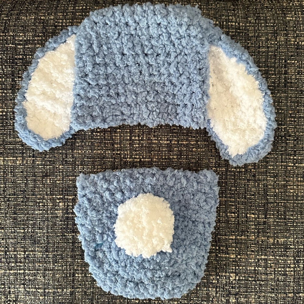0-6 months Blue and White Kids Bunny Ear Hat and Diaper Cover Set